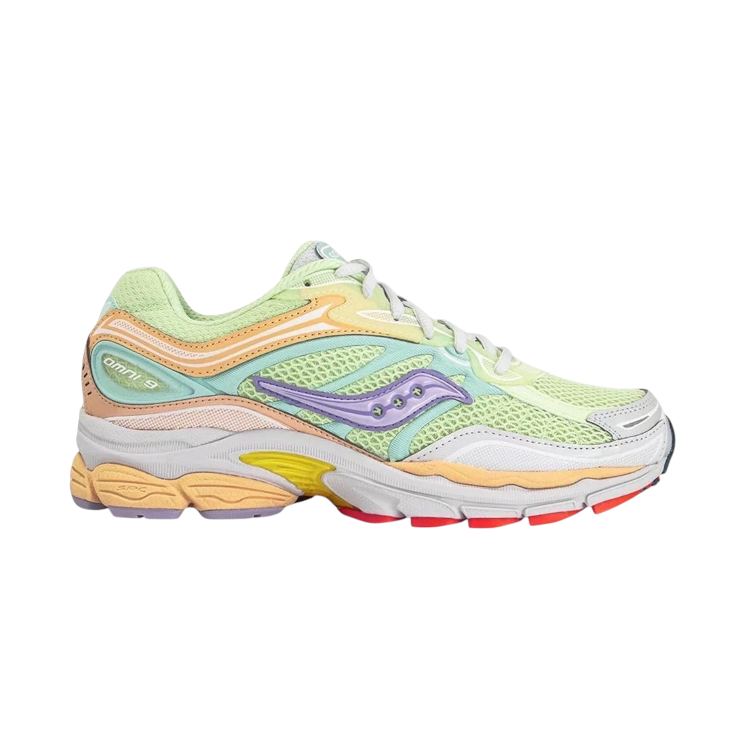 JeevzPlug Saucony ProGrid Omni 9 sneaker in lime mesh with orchid, aqua, and orange synthetic overlays.