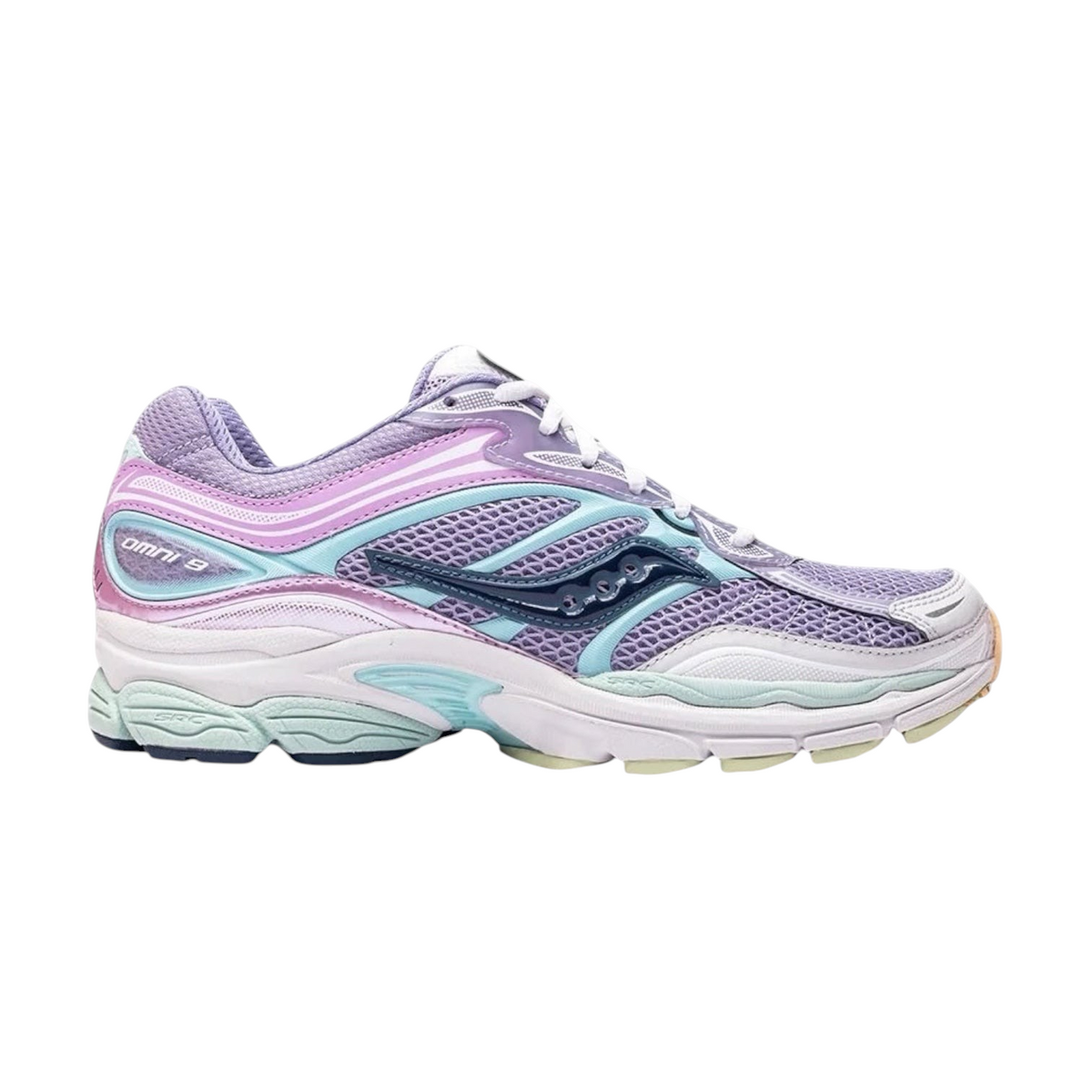 JeevzPlug Saucony ProGrid Omni 9 sneaker in lime and wisteria mesh with synthetic overlays and ProGrid cushioning.