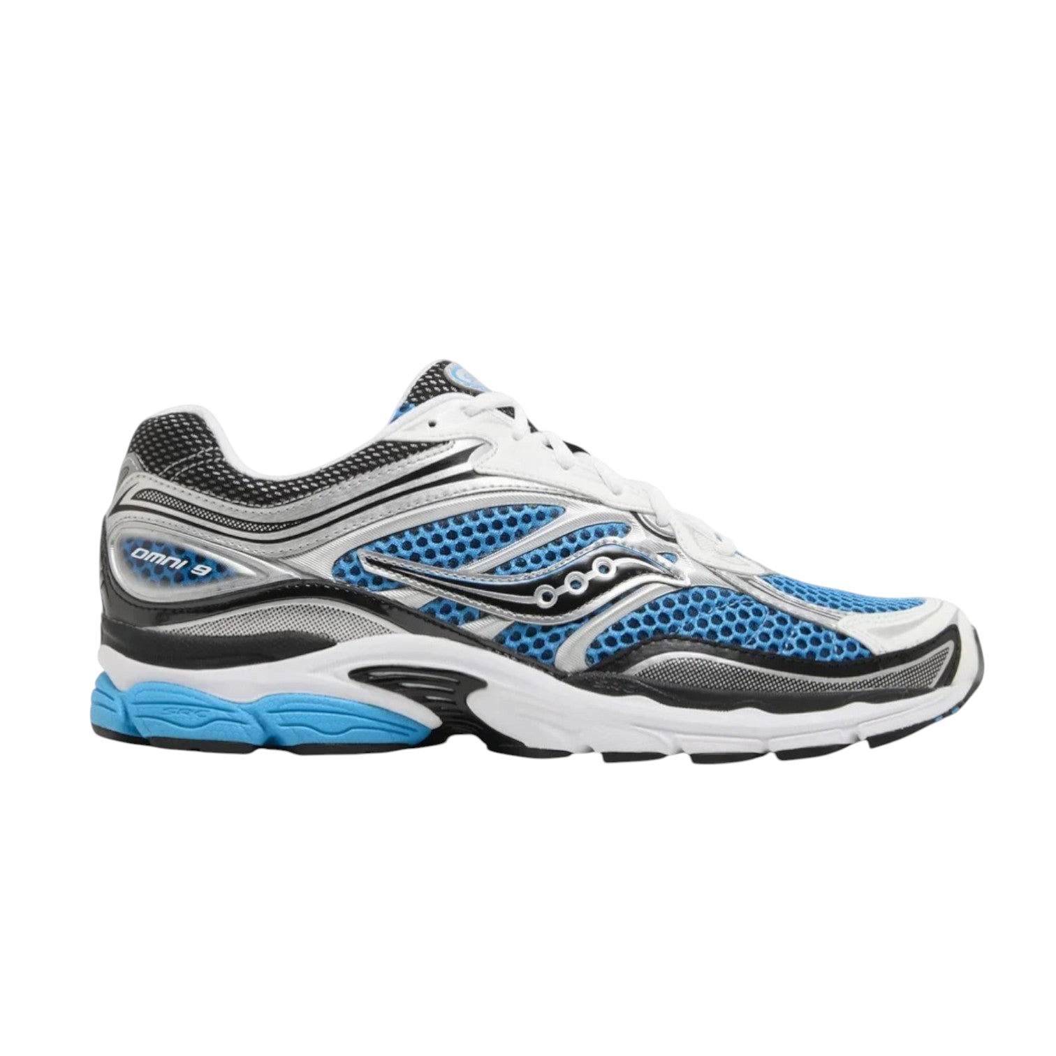 JeevzPlug Saucony Progrid Omni 9 Royal Silver sneaker with blue mesh, silver overlays, and cushioned rubber sole.