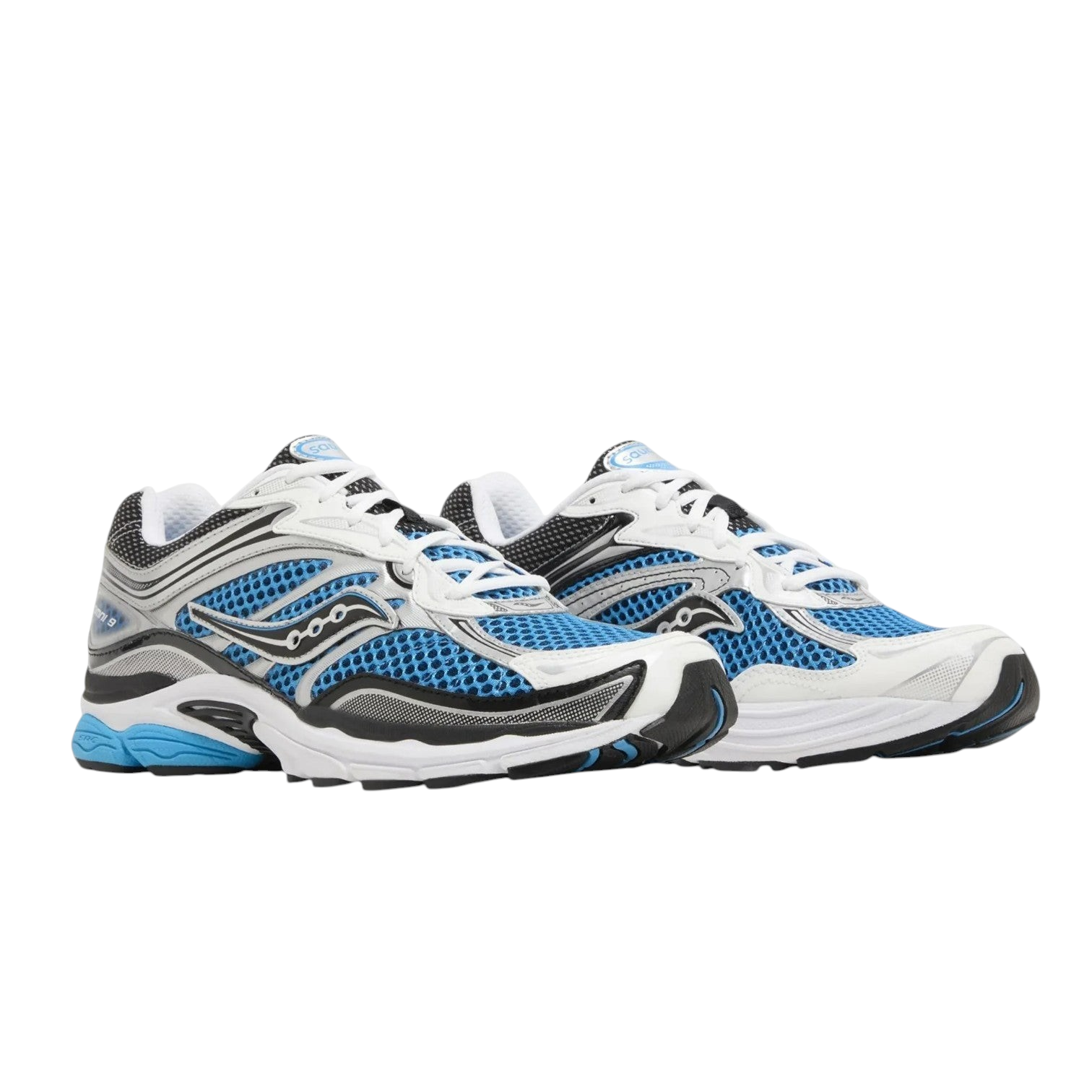 JeevzPlug Saucony Progrid Omni 9 Royal Silver sneakers featuring blue mesh, white overlays, and metallic silver accents.
