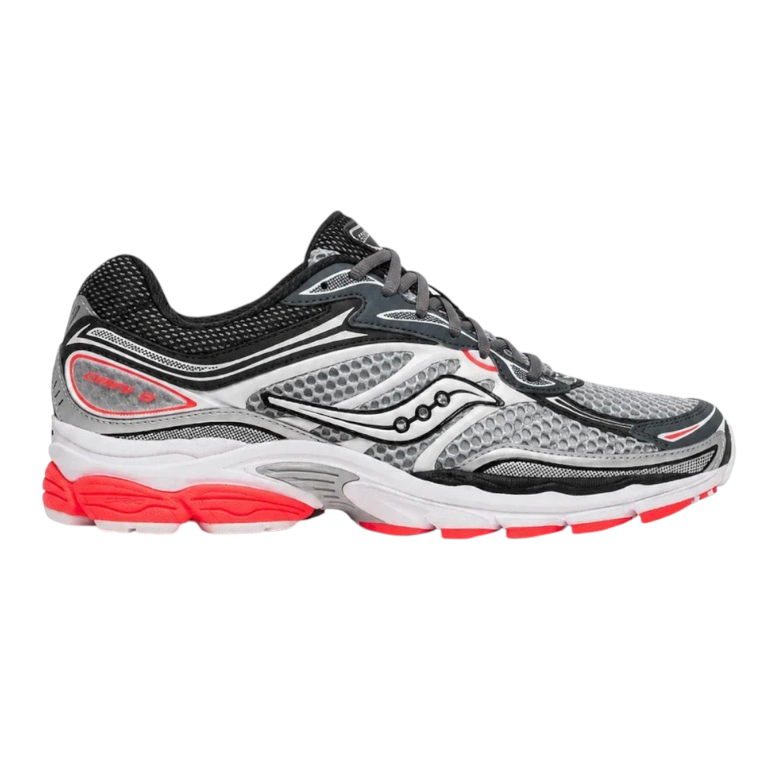 JeevzPlug Saucony Progrid Omni 9 Cadet Vizired running shoe in grey, black, and bright red with mesh detailing.