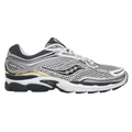 JeevzPlug Saucony Progrid Omni 9 running shoe in silver, gold, and black with mesh and synthetic overlays