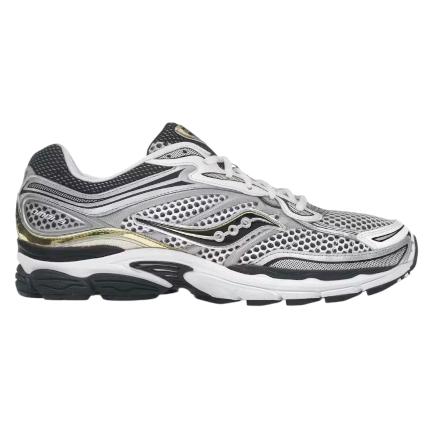 JeevzPlug Saucony Progrid Omni 9 running shoe in silver, gold, and black with mesh and synthetic overlays