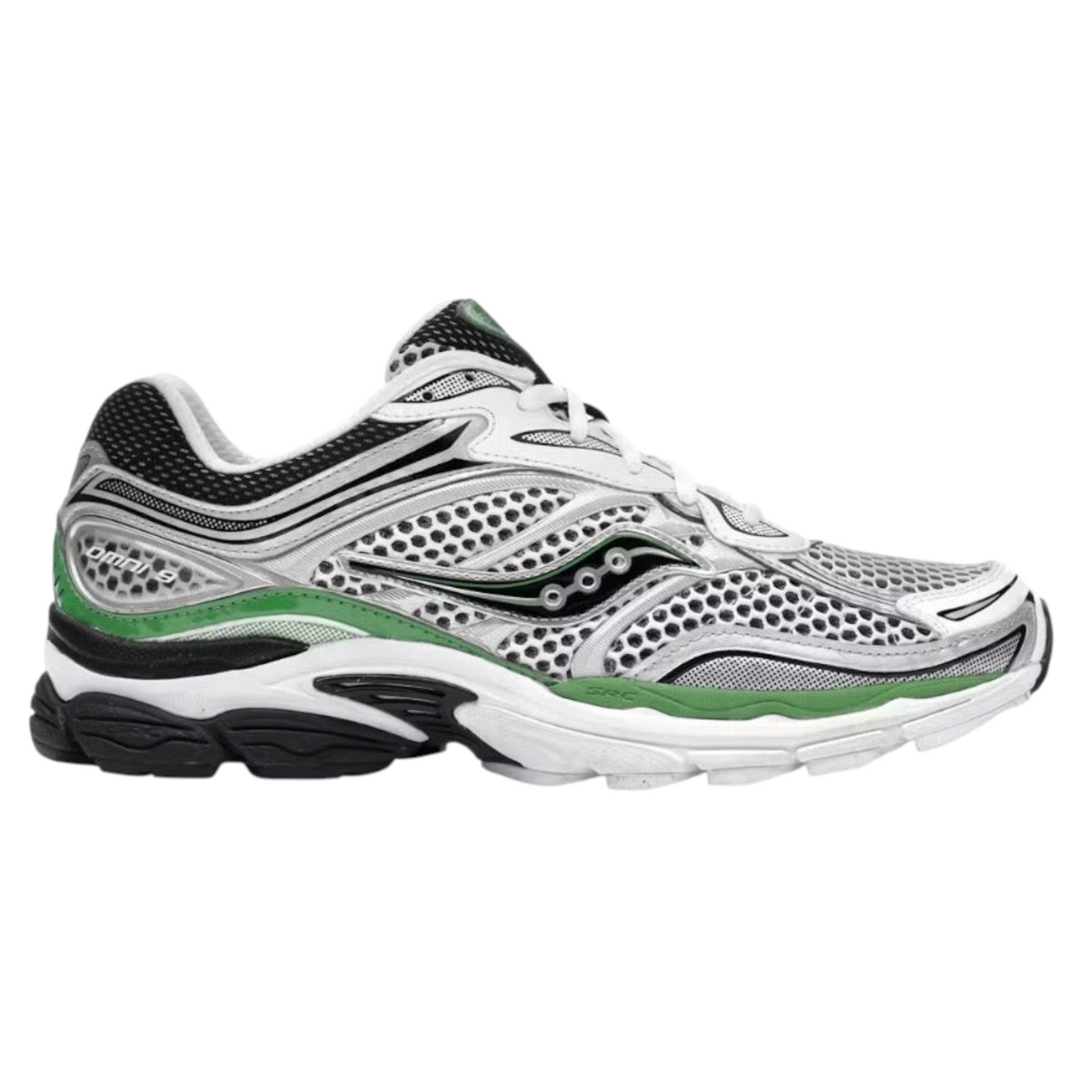 JeevzPlug Saucony Progrid Omni 9 running shoe in silver, white, and green with mesh upper and cushioned sole