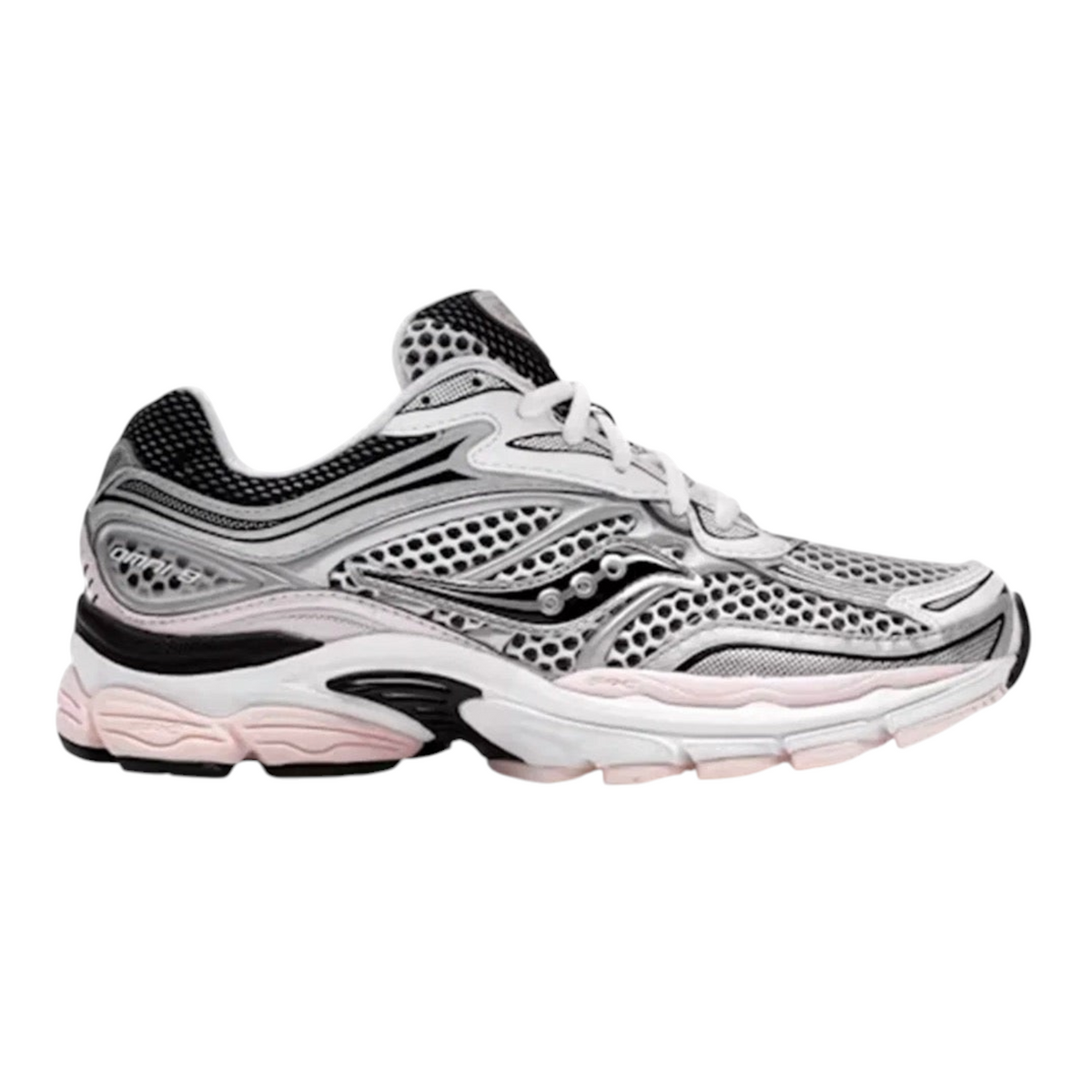JeevzPlug Saucony Progrid Omni 9 running shoes in silver, white, and soft pink with mesh and synthetic overlays.