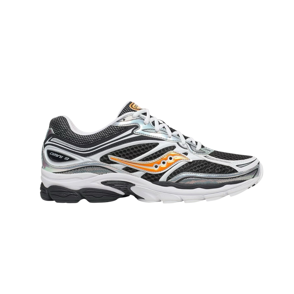 JeevzPlug Saucony Progrid Omni 9 Speed Shade sneaker in white, black, and orange mesh with synthetic overlays.