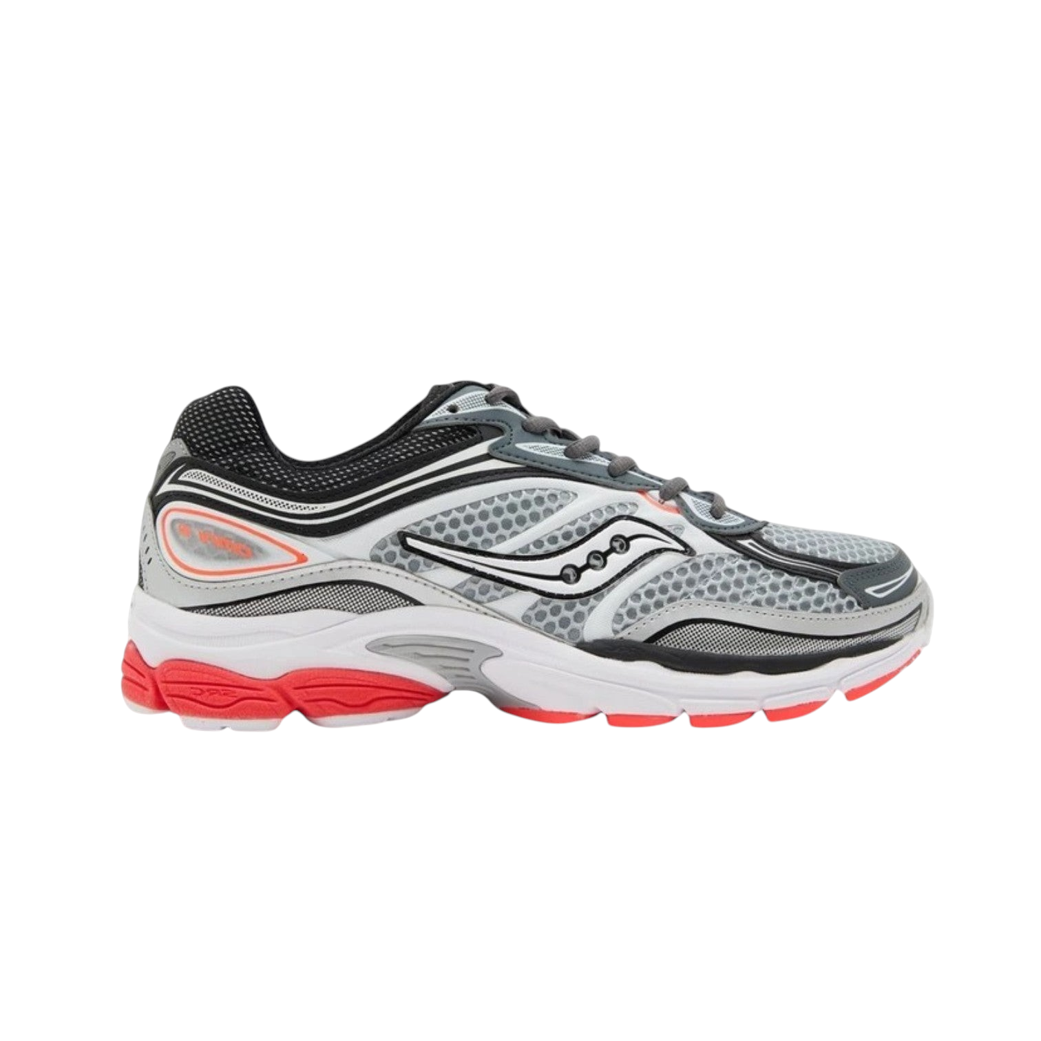 JeevzPlug Saucony Progrid Omni 9 sneaker in grey, black, and red with mesh upper and Grid cushioning technology