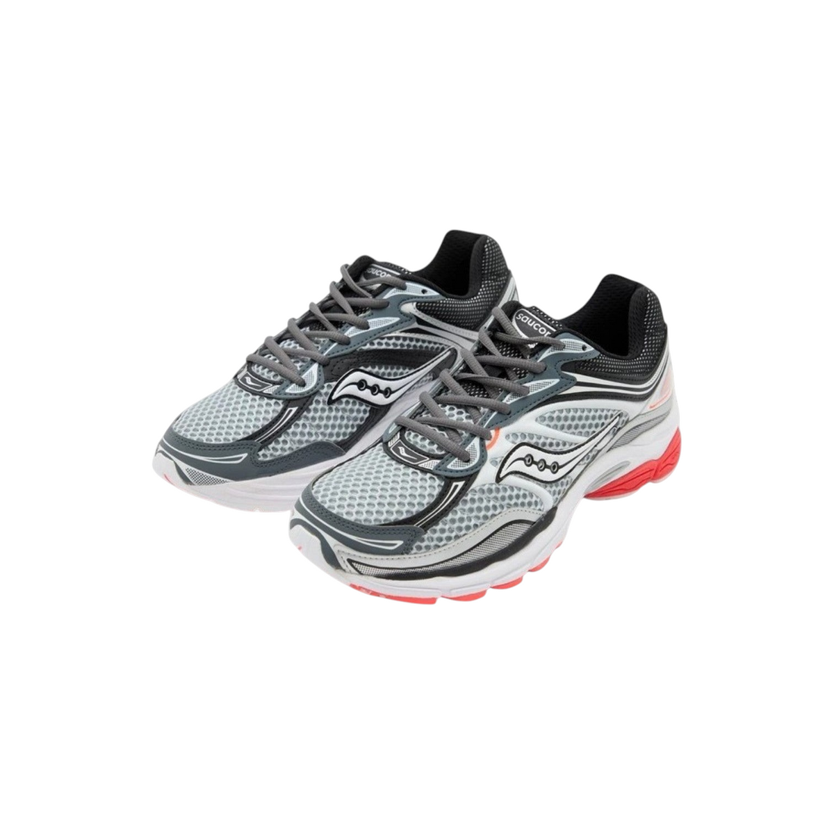 JeevzPlug Saucony Progrid Omni 9 sneakers in grey, black, and red with mesh upper and technical rubberised cage design.