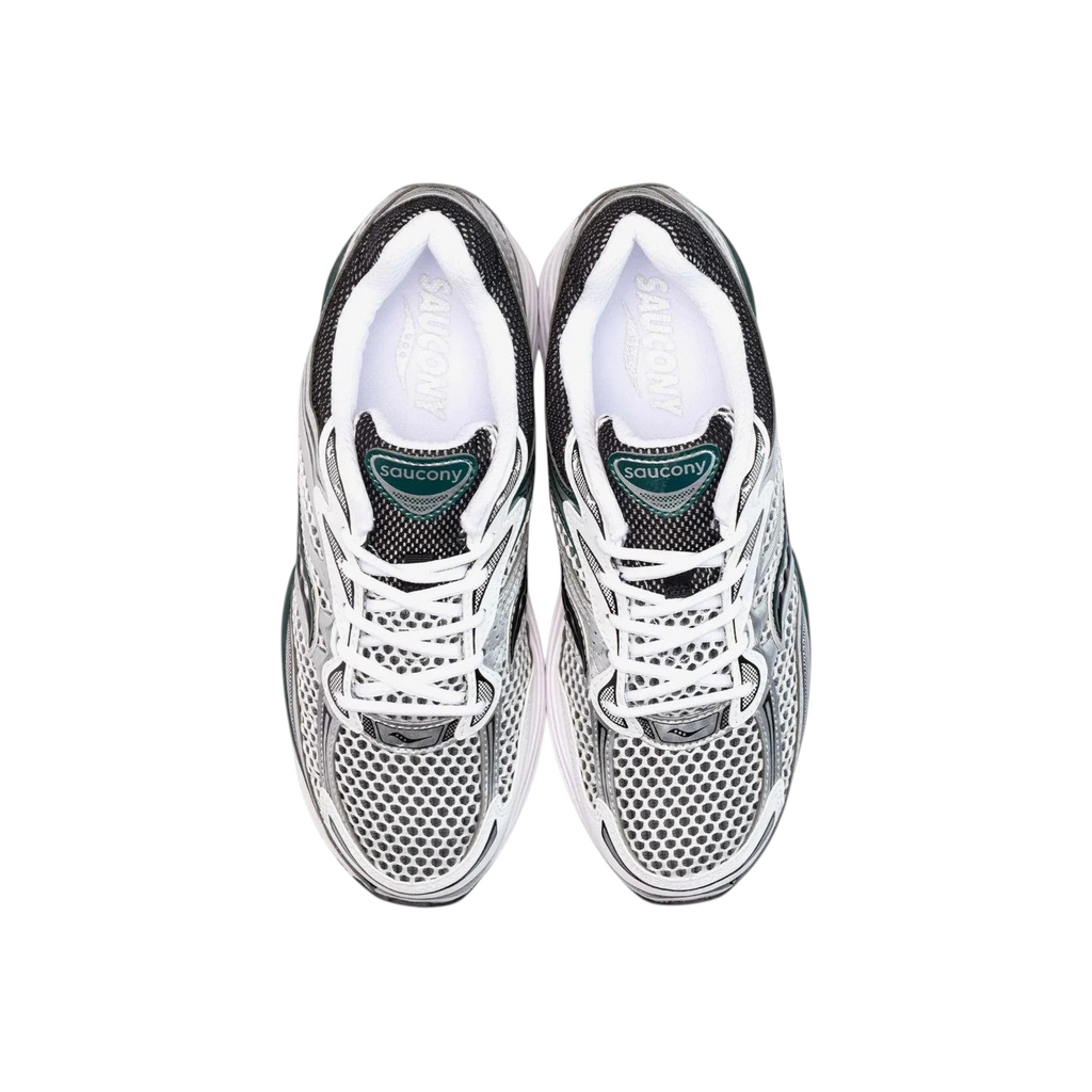 Top-down view of JeevzPlug Saucony Progrid Omni 9 sneakers in white and pine green with breathable mesh and overlays.