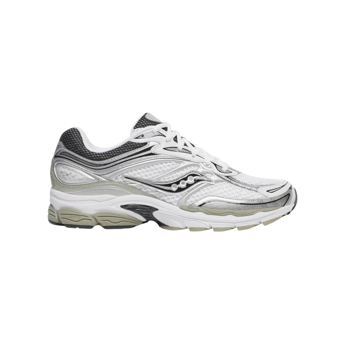JeevzPlug Saucony Progrid Omni 9 sneakers in white and sage green with breathable mesh and synthetic overlays.