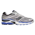 JeevzPlug Saucony Progrid Omni 9 running shoe in white, silver, and blue with mesh panels and athletic design.