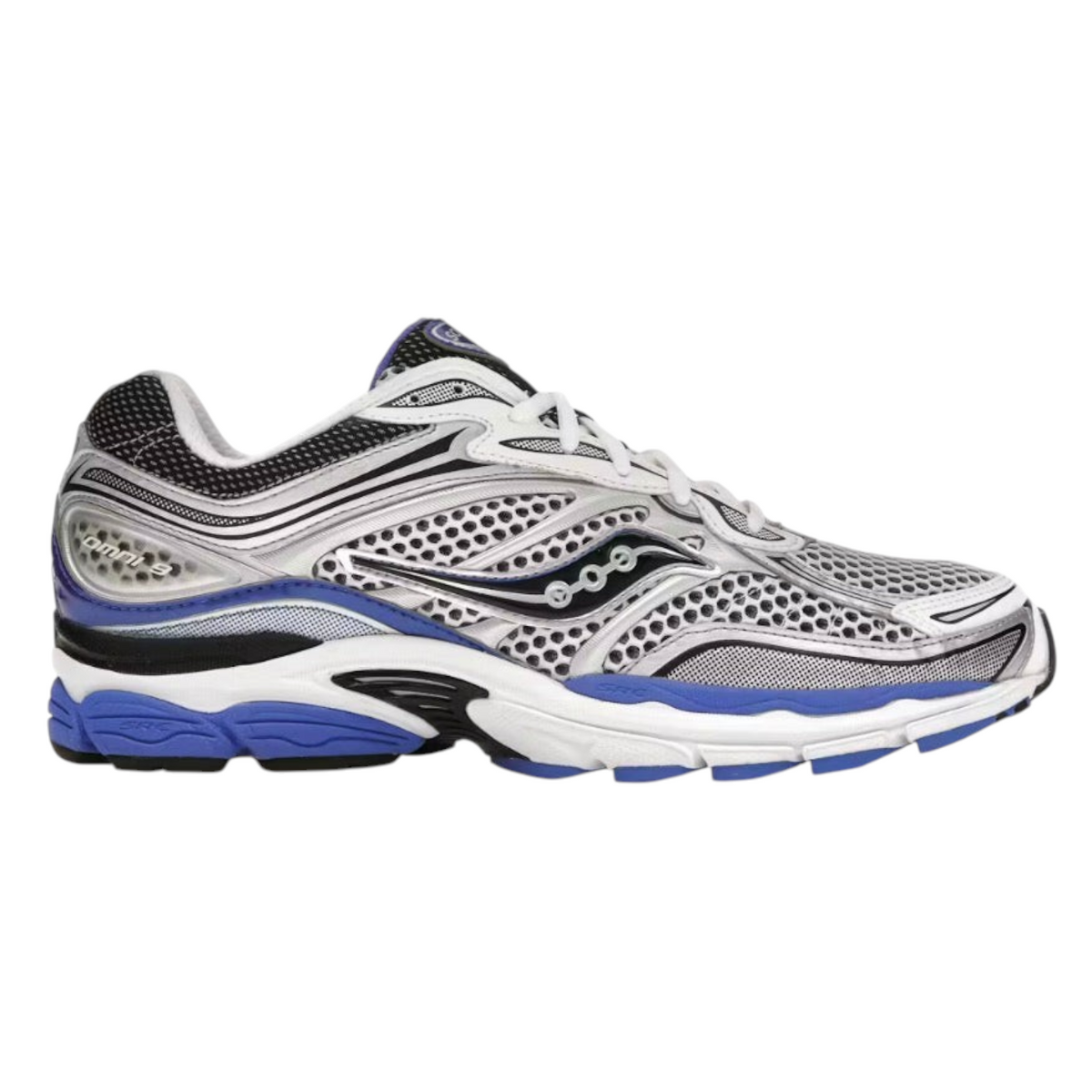 JeevzPlug Saucony Progrid Omni 9 running shoe in white, silver, and blue with mesh panels and athletic design.
