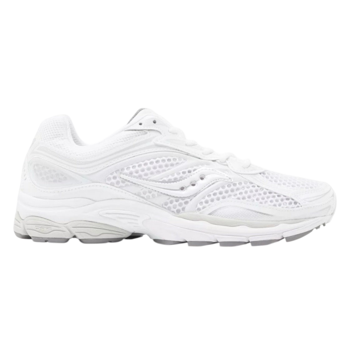 JeevzPlug Saucony Progrid Omni 9 running shoe in white and silver with mesh upper and cushioned sole