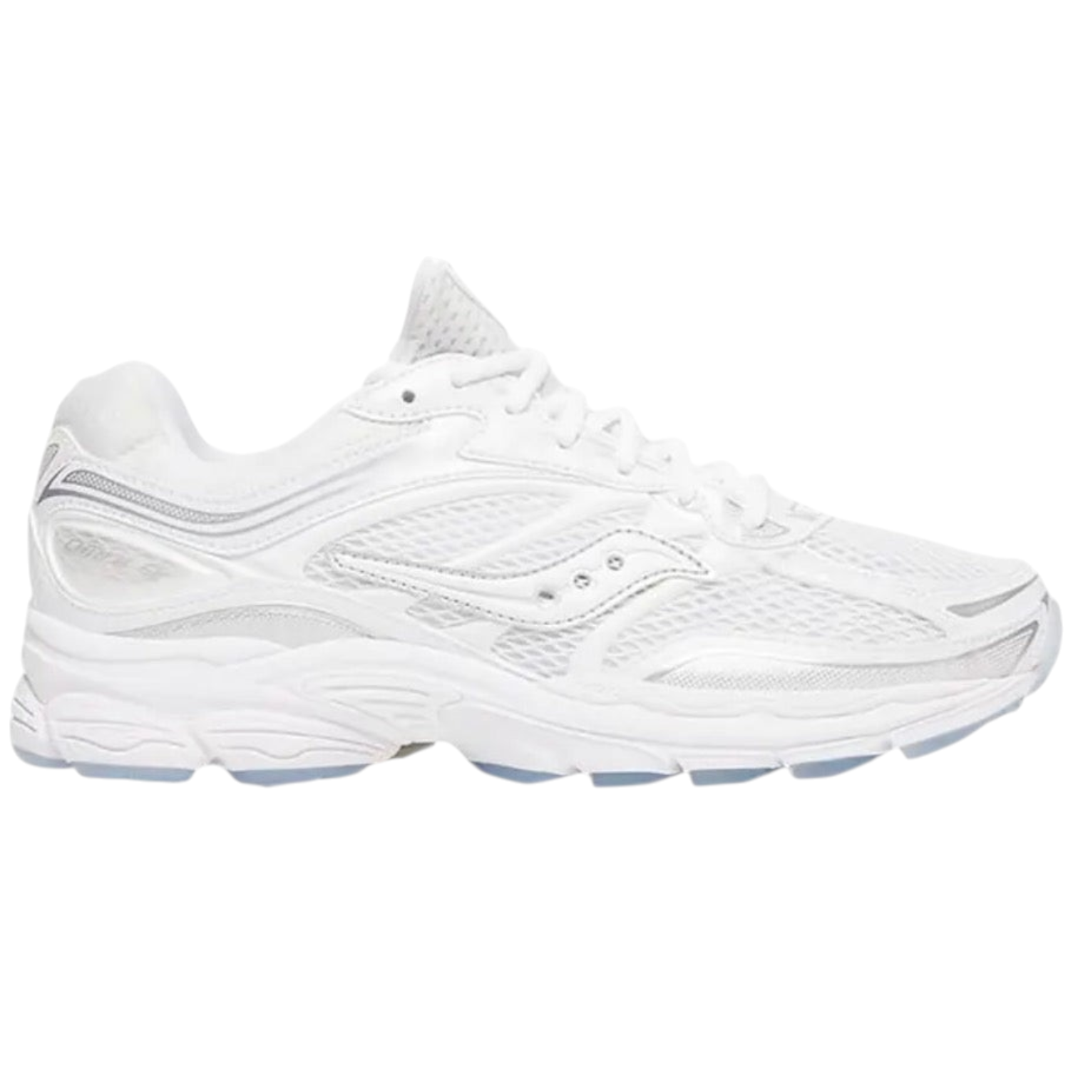 JeevzPlug Saucony Progrid Omni 9 running shoe in all white with mesh upper and metallic silver detailing