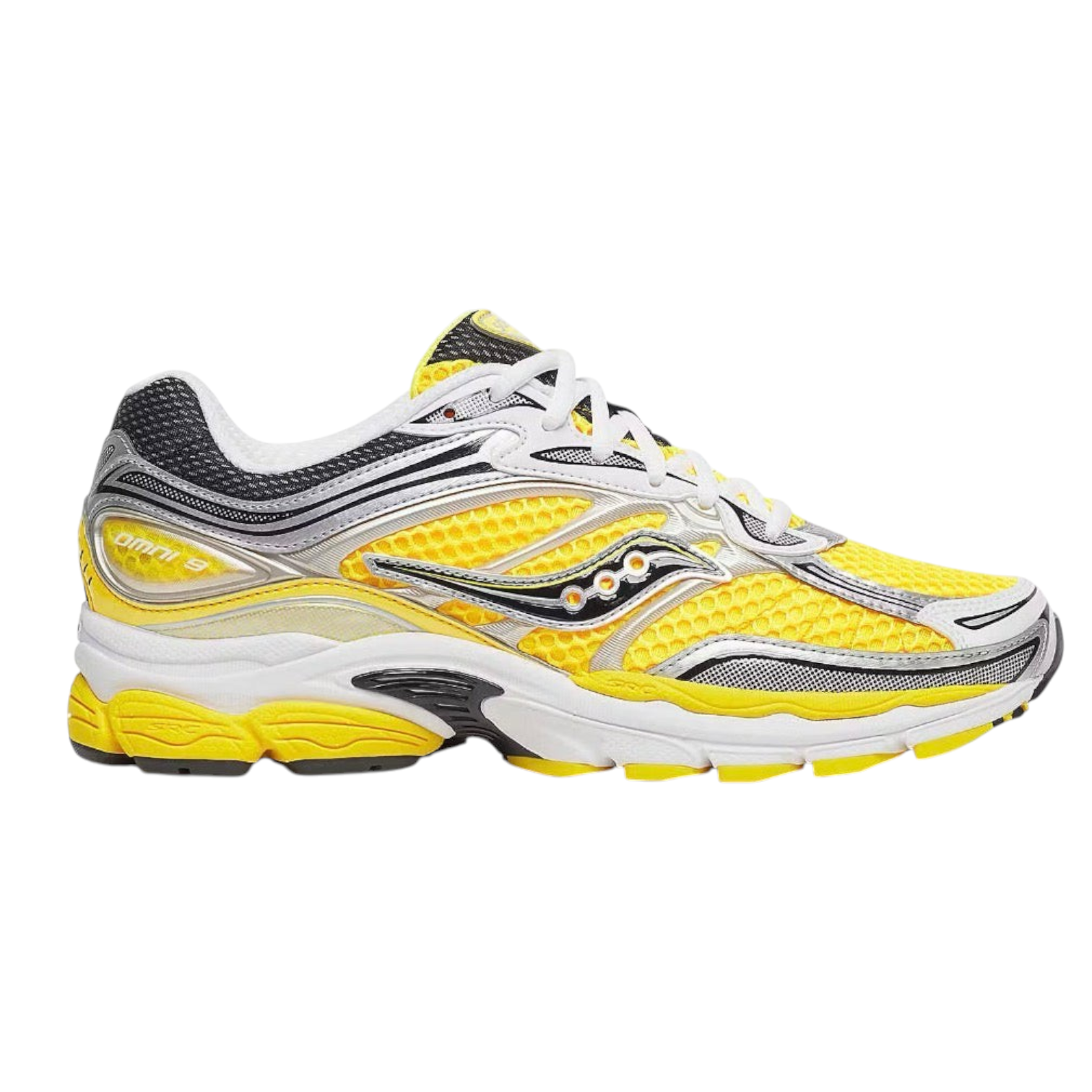 JeevzPlug Saucony Progrid Omni 9 Vizigold running shoe in metallic silver and bright yellow mesh