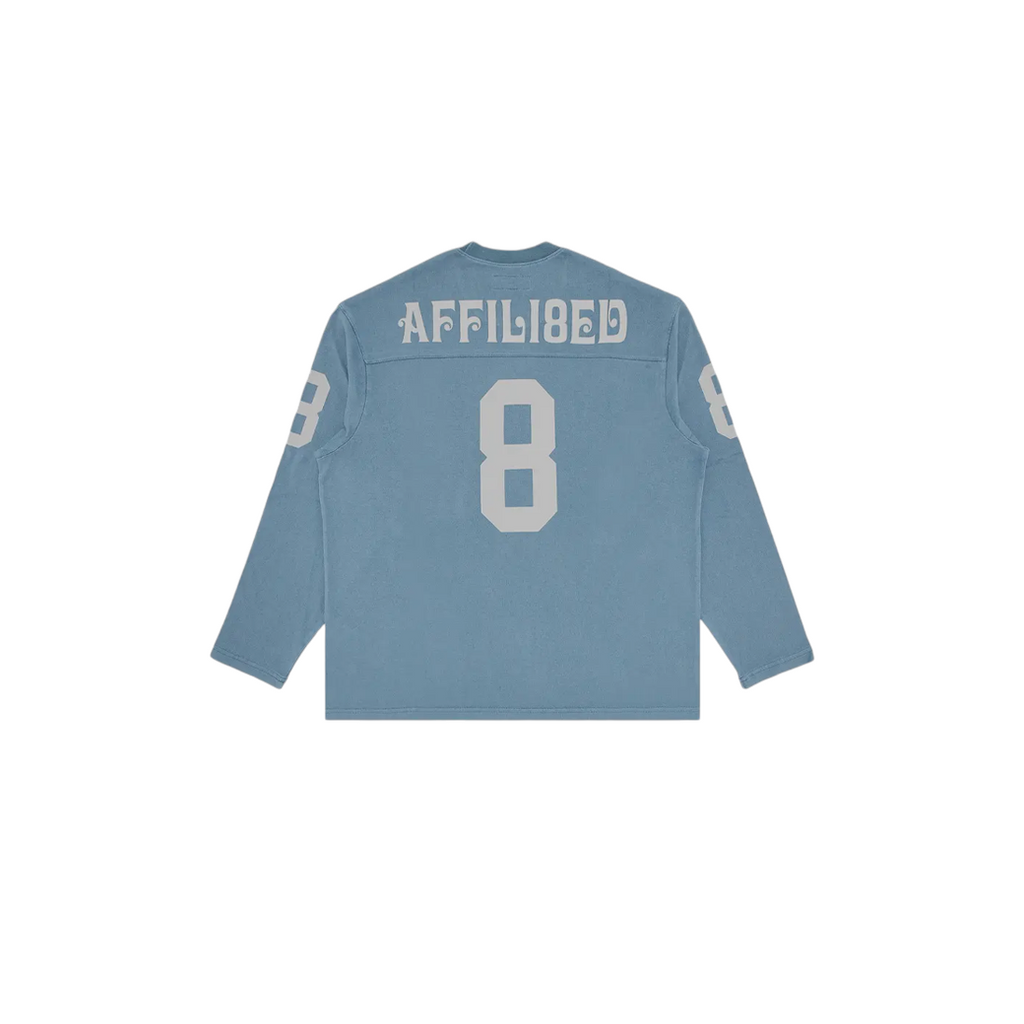 JeevzPlug Supreme Affiliated long-sleeve football top in dusty blue with white number 8 and text on the back