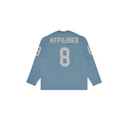 JeevzPlug Supreme Affiliated long-sleeve football top in dusty blue with white number 8 and text on the back