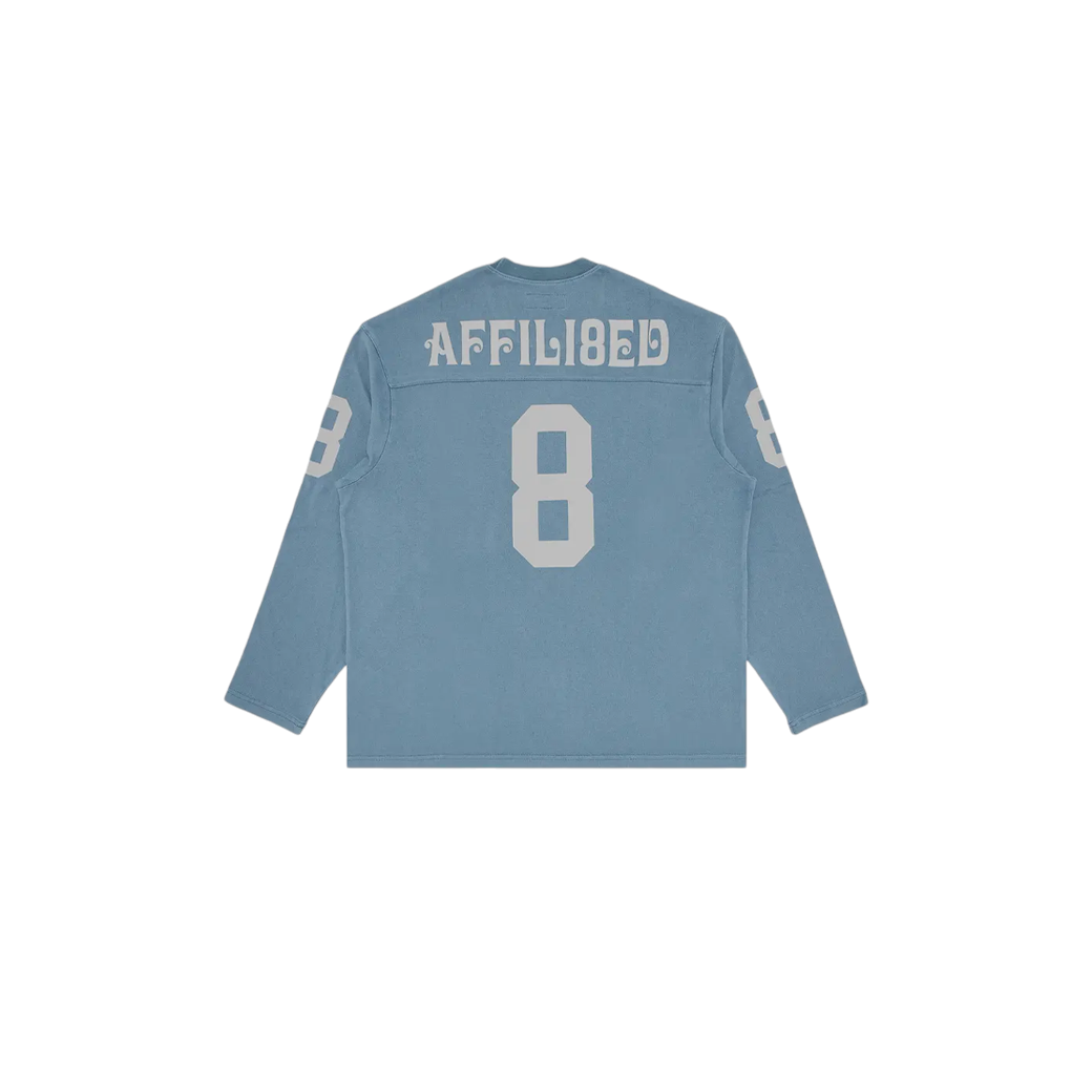 JeevzPlug Supreme Affiliated long-sleeve football top in dusty blue with white number 8 and text on the back