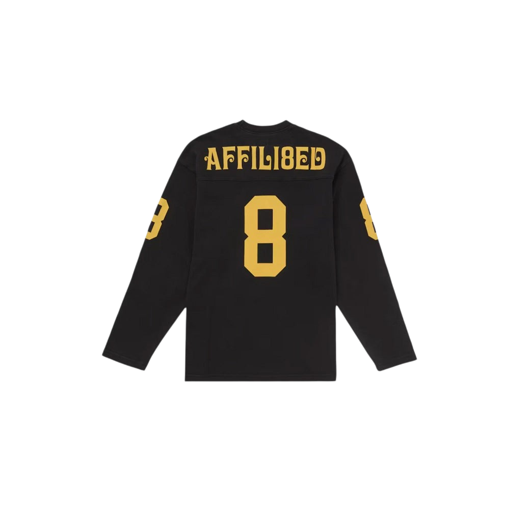 JeevzPlug Supreme Affiliated long sleeve black football jersey with yellow number 8 and text on the back