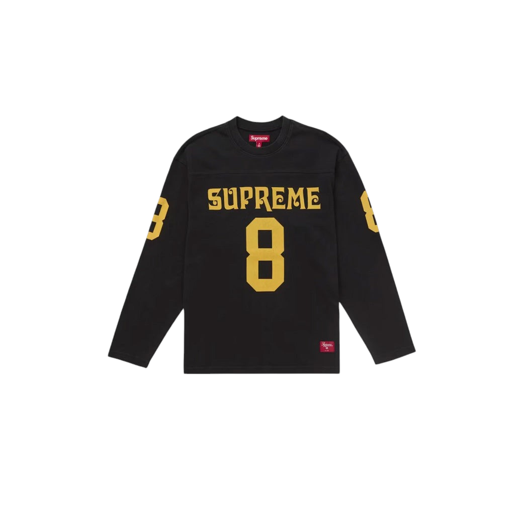 JeevzPlug Supreme Affiliated long-sleeve black football jersey with yellow number 8 and Supreme branding