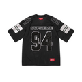 JeevzPlug Supreme black sequin football jersey with mesh fabric, white sleeve stripes, and number 94 graphic