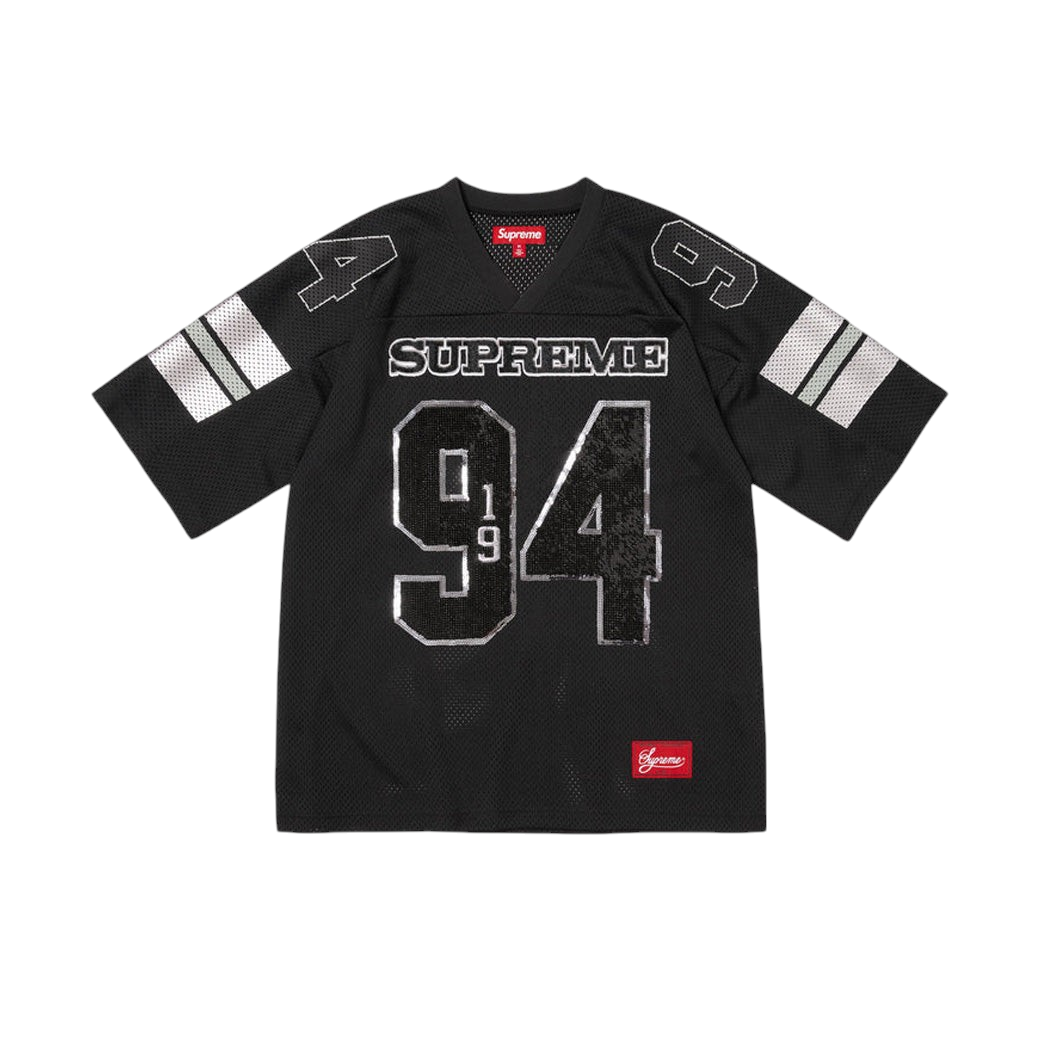 JeevzPlug Supreme black sequin football jersey with mesh fabric, white sleeve stripes, and number 94 graphic