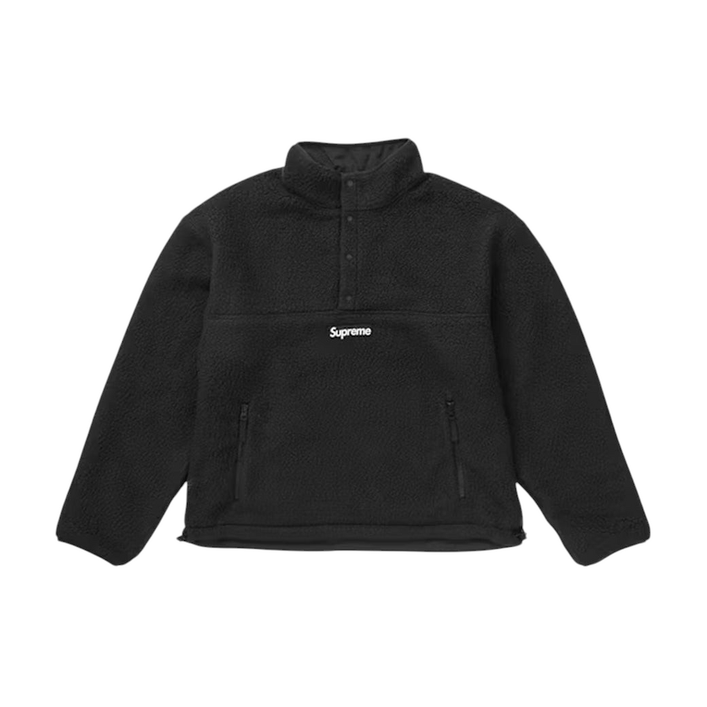 JeevzPlug black Supreme Polartec shearling reversible pullover with a half-zip closure and front pockets.