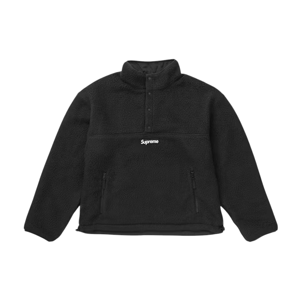 JeevzPlug black Supreme Polartec shearling reversible pullover with a half-zip closure and front pockets.