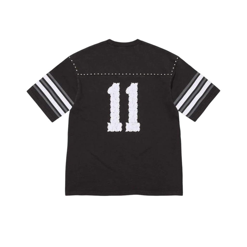 Back view of JeevzPlug Supreme black polyester football jersey with white number 11 and studded shoulder detailing.
