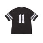Back view of JeevzPlug Supreme black polyester football jersey with white number 11 and studded shoulder detailing.