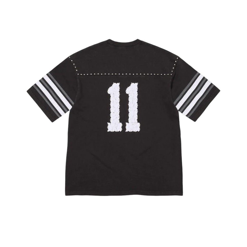 Back view of JeevzPlug Supreme black polyester football jersey with white number 11 and studded shoulder detailing.
