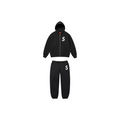 JeevzPlug black cotton fleece Supreme S Logo zip-up hoodie and matching joggers set with embroidered white branding.