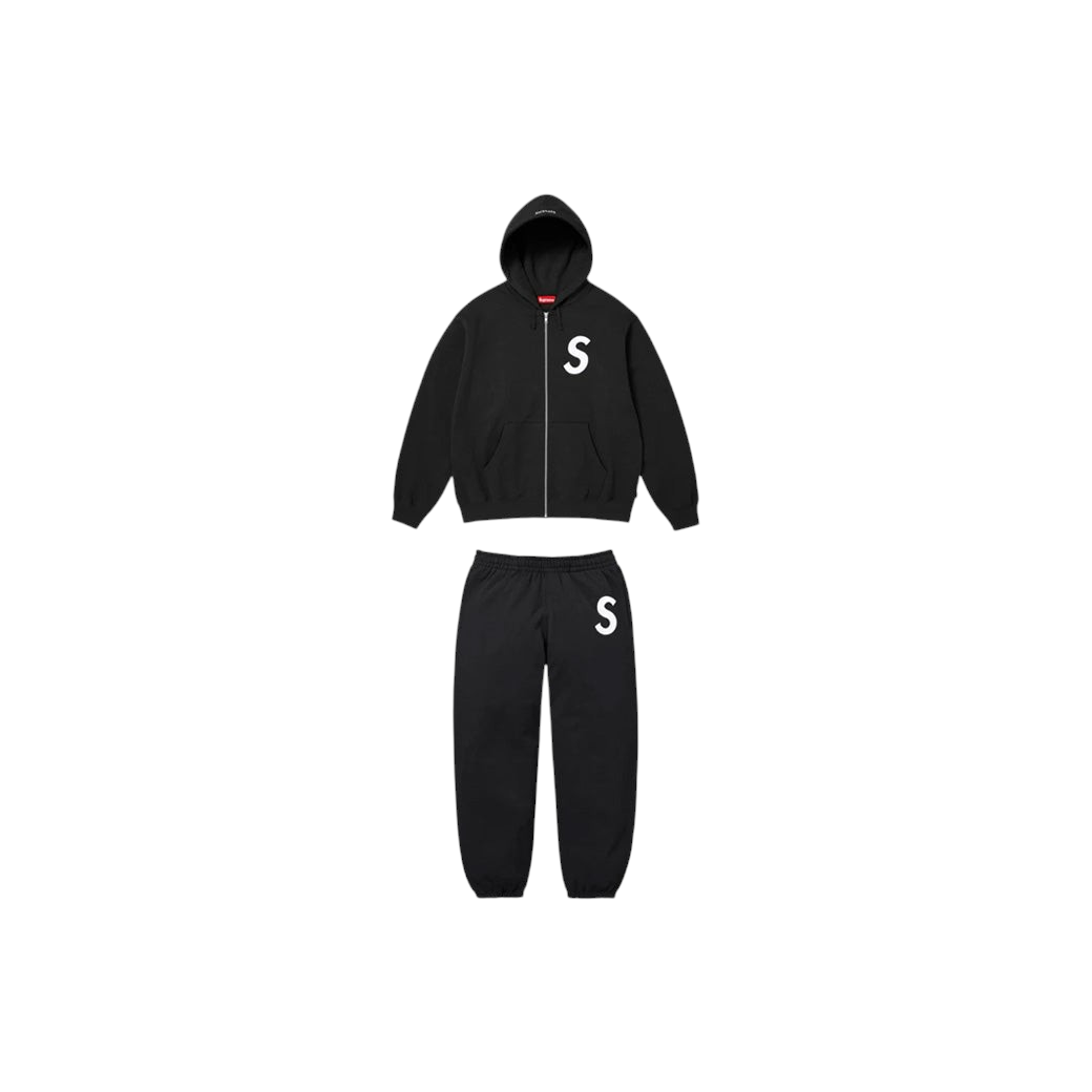 JeevzPlug black cotton fleece Supreme S Logo zip-up hoodie and matching joggers set with embroidered white branding.