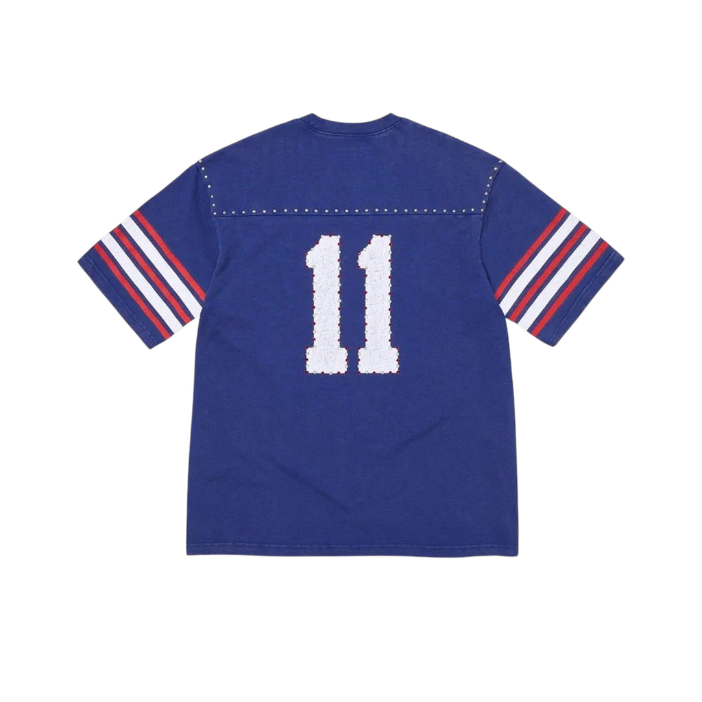 Back view of the blue JeevzPlug Supreme studded football jersey featuring white number 11 and striped sleeves
