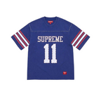 JeevzPlug Supreme blue short sleeve football jersey with white number 11, studded chest detail, and striped sleeves.