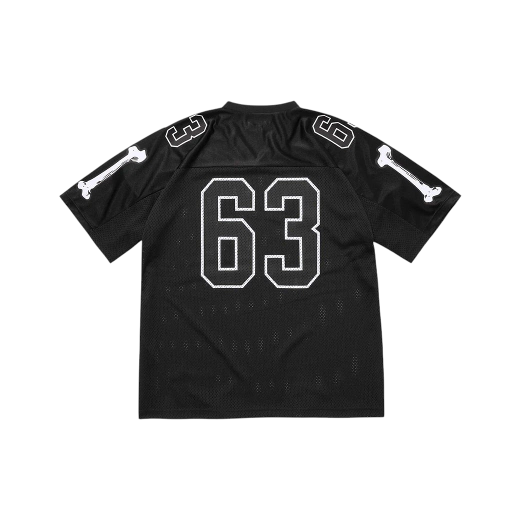 JeevzPlug Supreme Bones football jersey in black mesh with white number 63 and bone graphics on the back