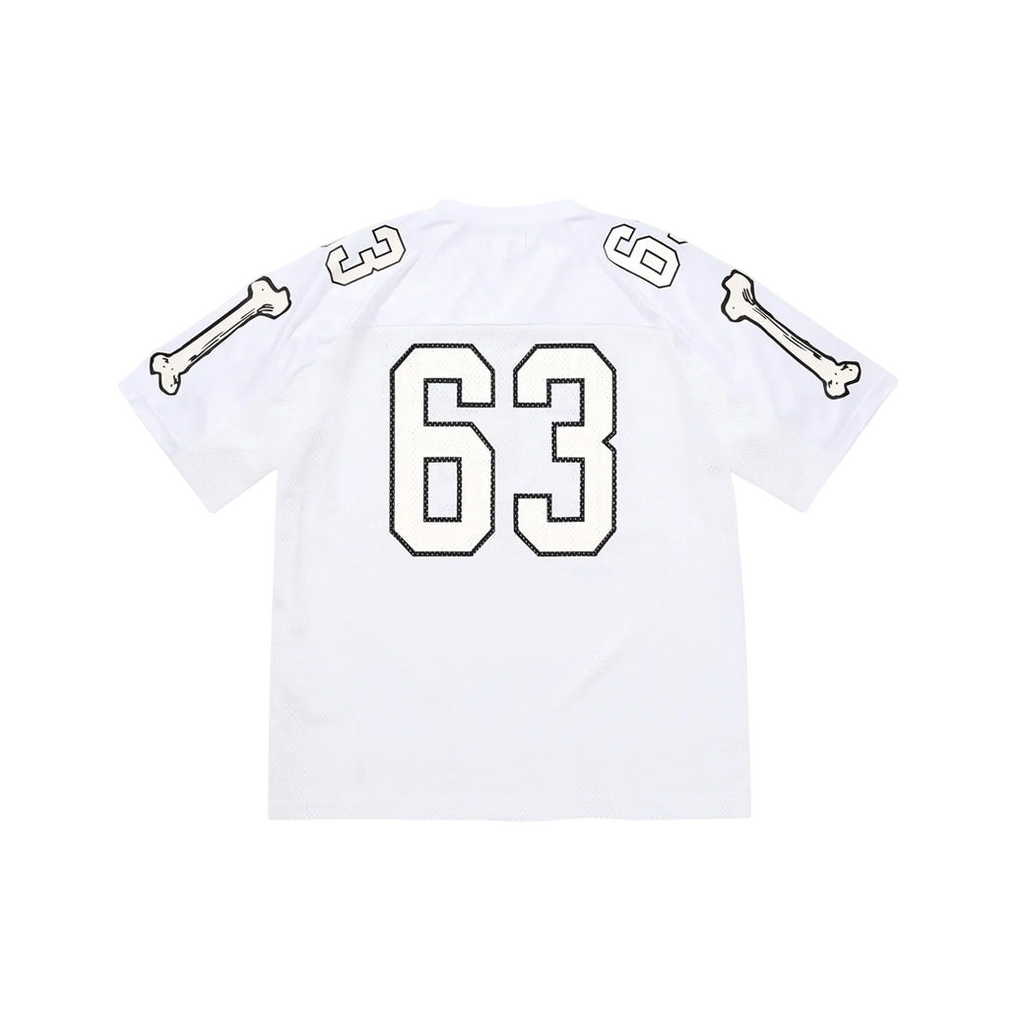 JeevzPlug Supreme Bones football jersey in white mesh with black bone sleeve graphics and number 63 on the back.
