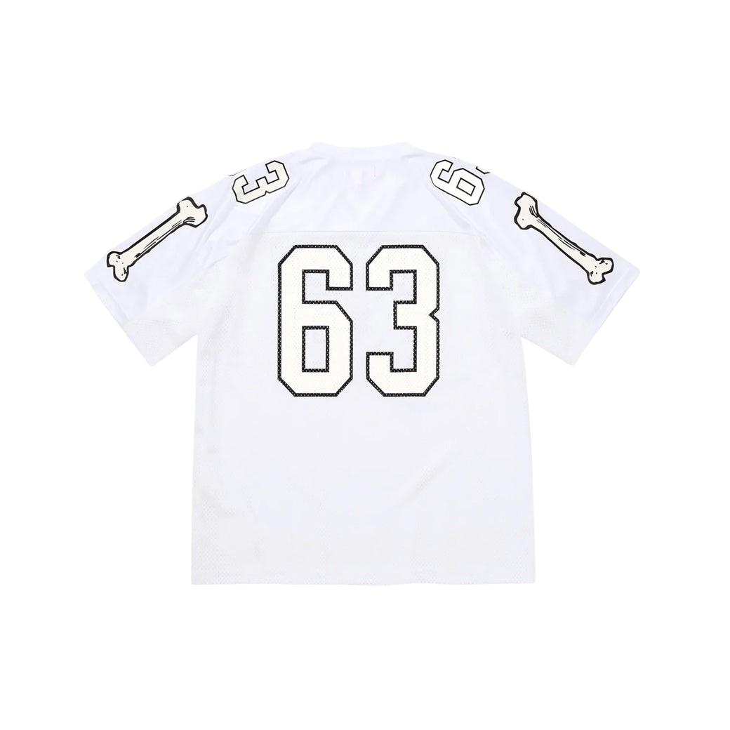 JeevzPlug Supreme Bones football jersey in white mesh with black bone sleeve graphics and number 63 on the back.