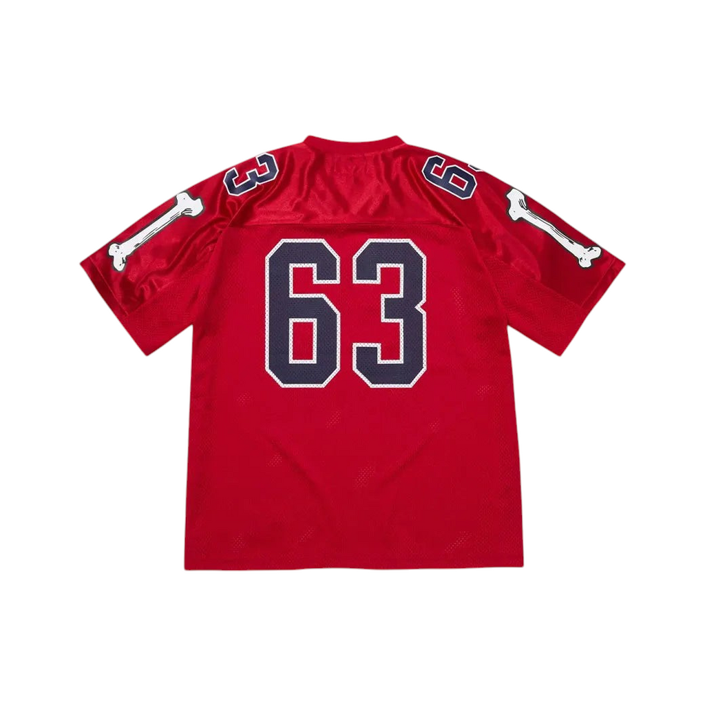 JeevzPlug Supreme Bones football jersey in red mesh with white bone arm graphics and number 63 on the back