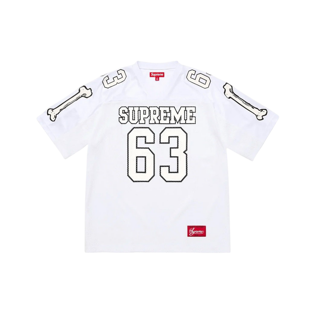 JeevzPlug Supreme FW25 white football jersey with black bone arm graphics and number 63 print in breathable mesh