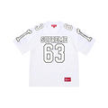 JeevzPlug Supreme FW25 white football jersey with black bone arm graphics and number 63 print in breathable mesh