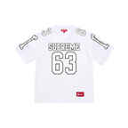JeevzPlug Supreme FW25 white football jersey with black bone arm graphics and number 63 print in breathable mesh