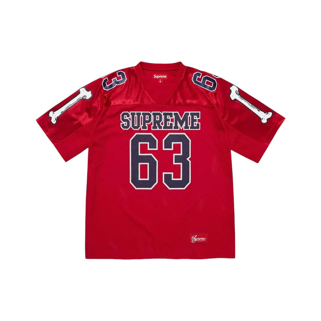 JeevzPlug red Supreme Bones football jersey featuring white bone graphics on sleeves and number 63 print on front