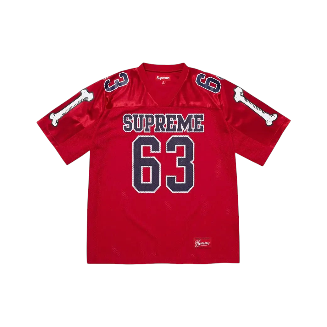 JeevzPlug red Supreme Bones football jersey featuring white bone graphics on sleeves and number 63 print on front