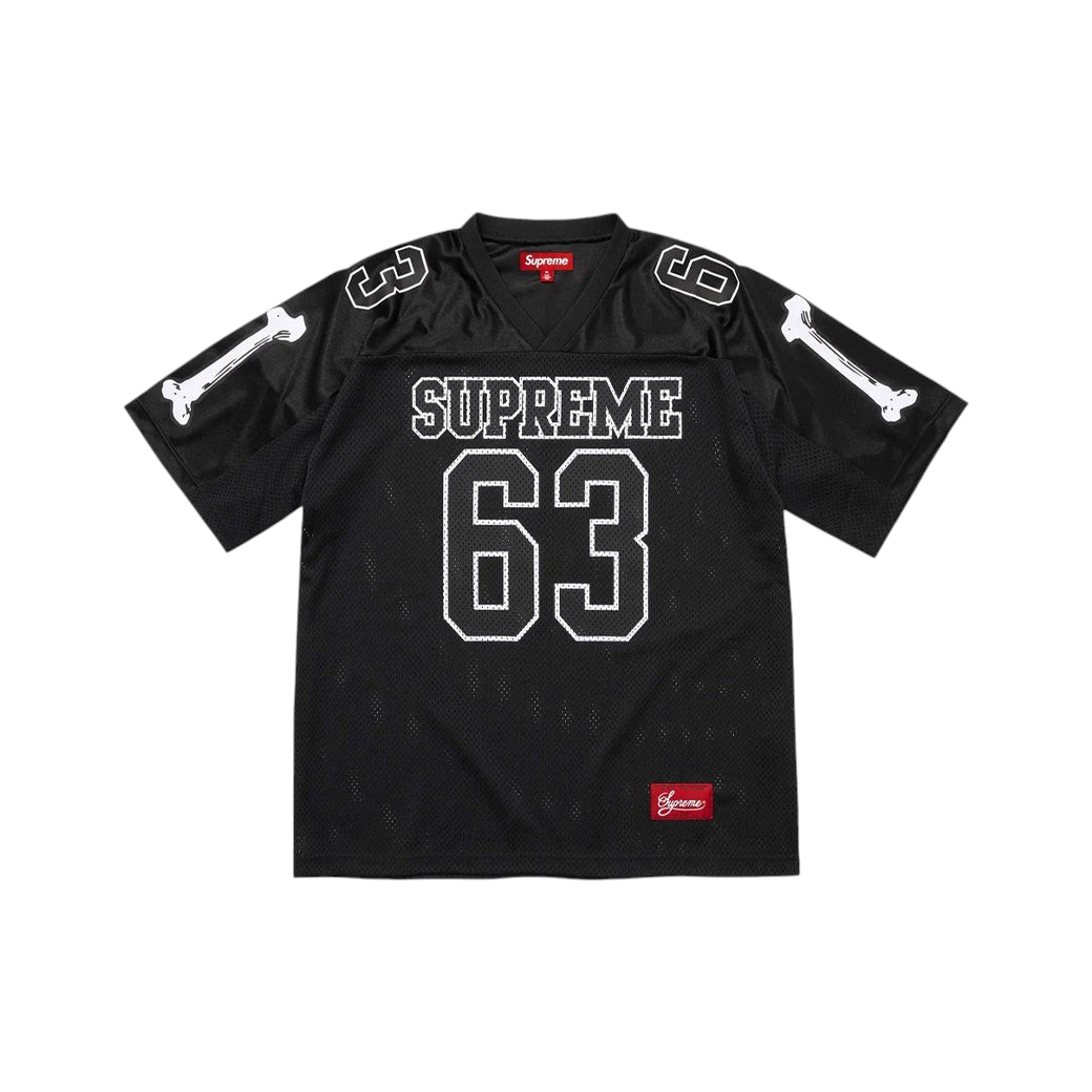 JeevzPlug Supreme Bones football jersey in black mesh with white bone graphics and number 63 on the front