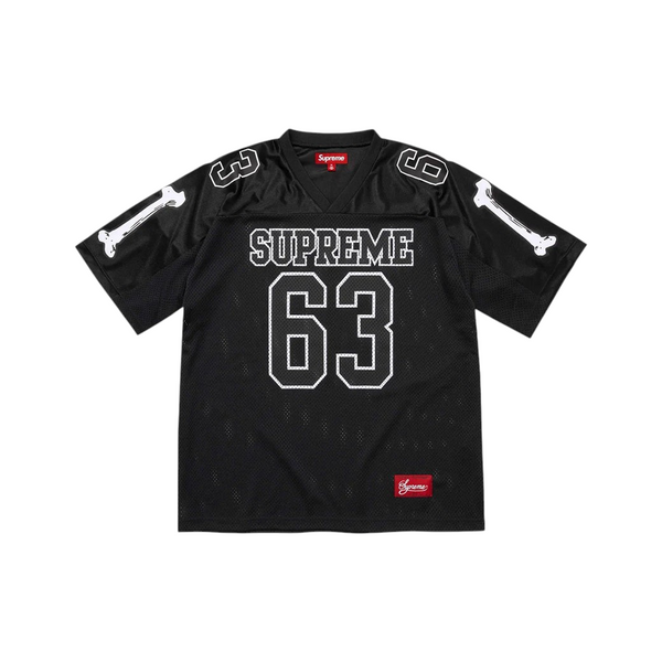 JeevzPlug Supreme Bones football jersey in black mesh with white bone graphics and number 63 on the front