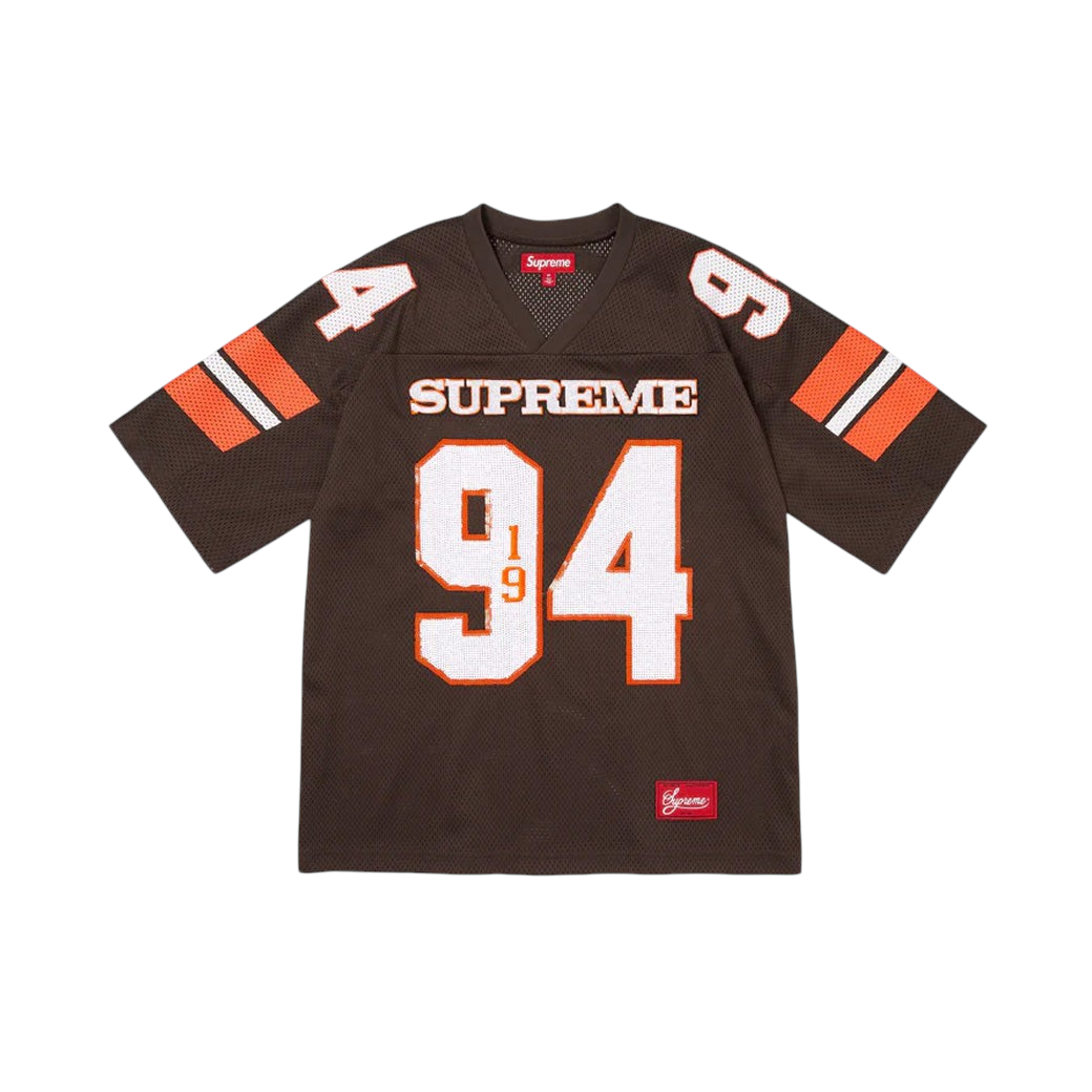 JeevzPlug Supreme brown sequin football jersey with white number 94 and athletic mesh detailing.