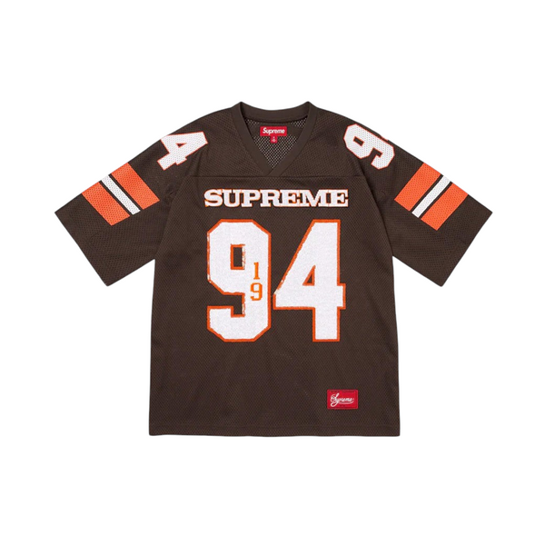 JeevzPlug Supreme brown sequin football jersey with white number 94 and athletic mesh detailing.