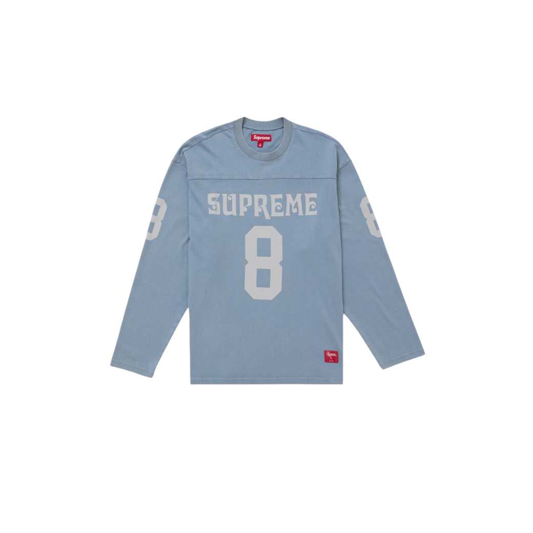 JeevzPlug Supreme Affiliated long-sleeve football top in dusty blue with white chest branding and number 8 graphic