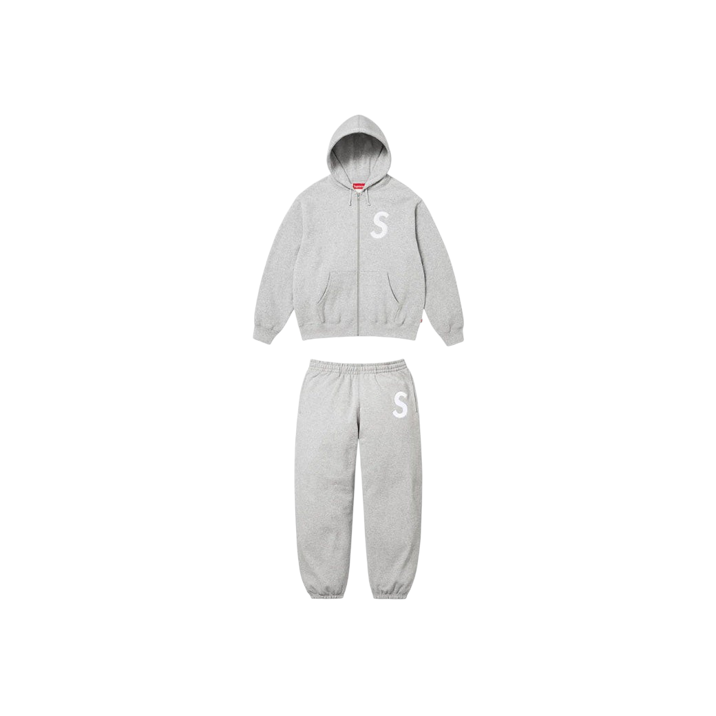 JeevzPlug grey cotton fleece Supreme S logo zip-up hoodie and matching joggers tracksuit set